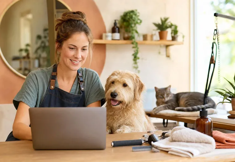 Professionnelle animalière consultant la visibilité en ligne de son activité sur un ordinateur portable, un chien à ses côtés