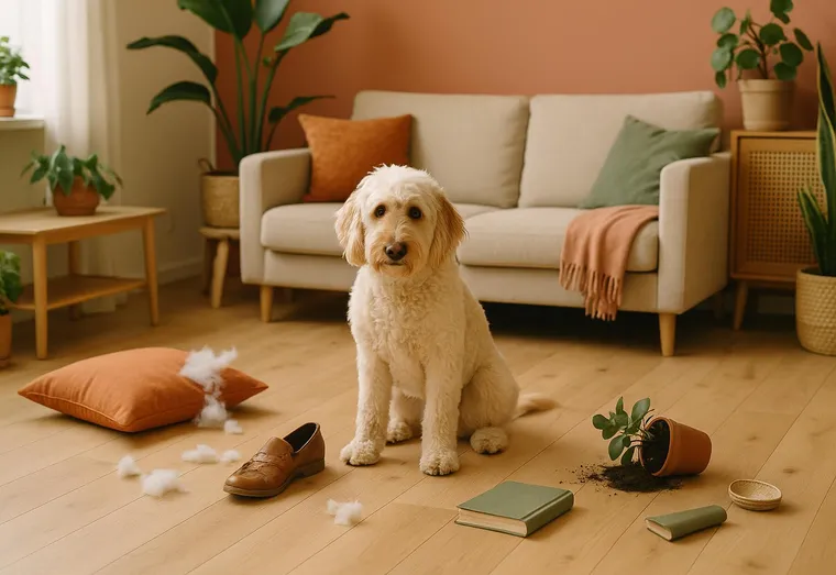 Chien joueur au milieu d'un salon, coussin éventré et objets renversés autour de lui