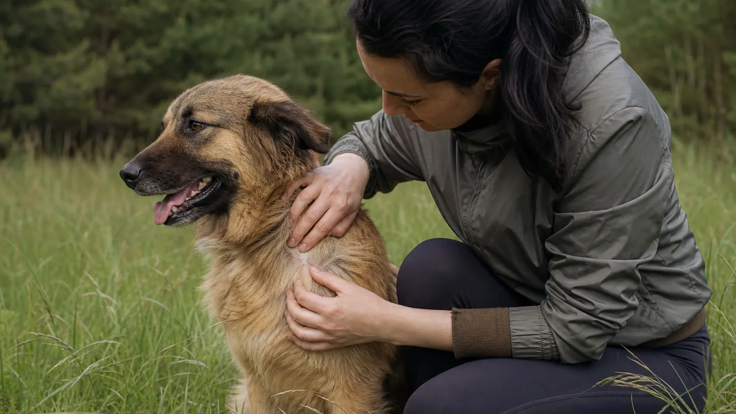 Gros plan sur le pelage d'un chien pendant une inspection à la recherche de tiques dans l'herbe
