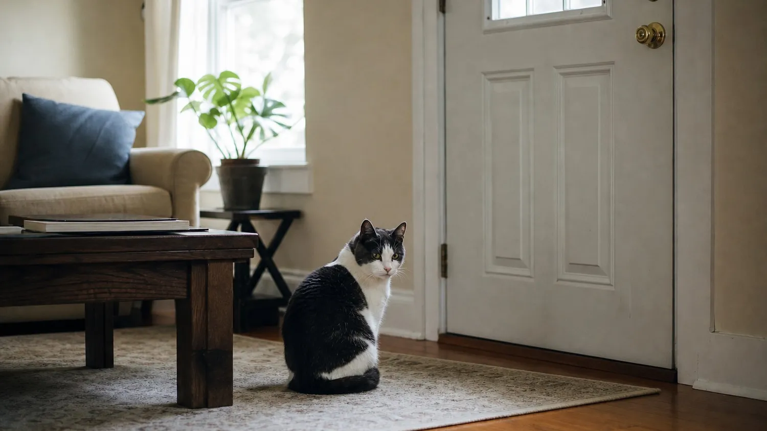 Chat assis face à une porte d'entrée fermée, l'air inquiet, dans un salon lumineux