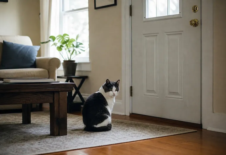 Chat assis face à une porte d'entrée fermée, l'air inquiet, dans un salon lumineux