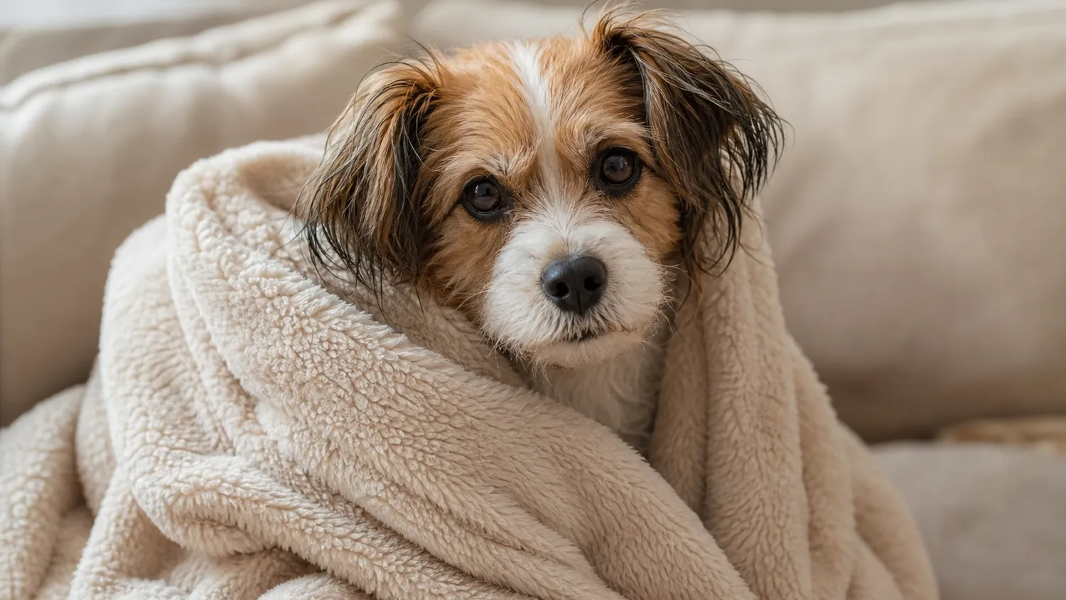 Petit chien qui tremble, enveloppé dans une couverture, regard inquiet vers son maître