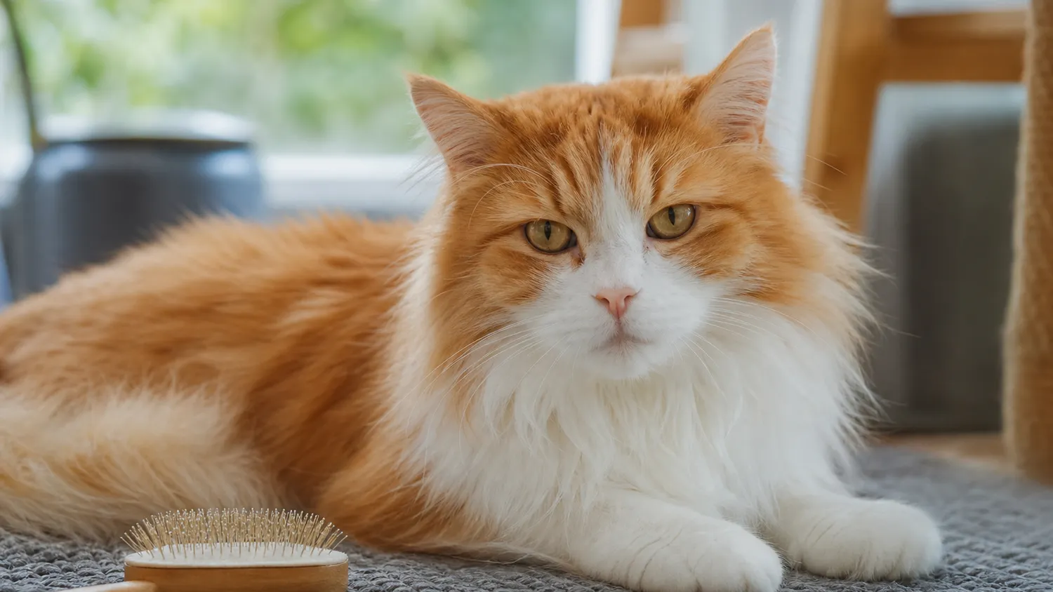 Chat à poil long roux et blanc allongé pendant une séance de brossage avec une brosse à poils