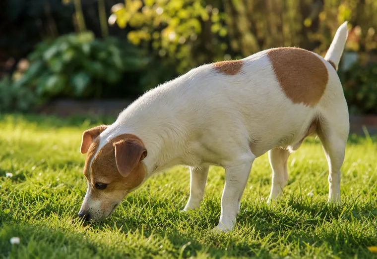 Chien brun broutant de l'herbe verte dans un jardin ensoleillé
