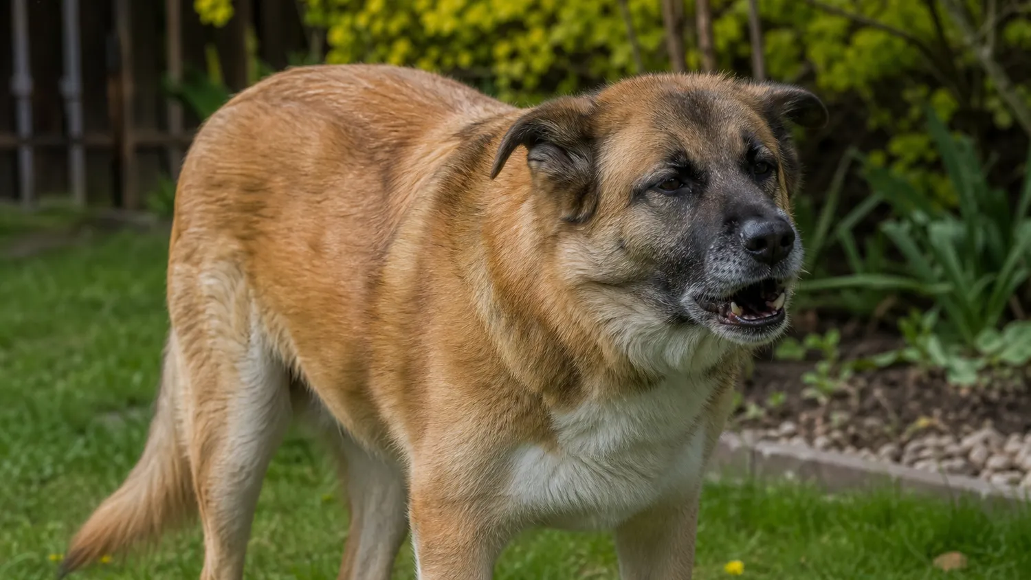 Chien assis dans un jardin, gueule légèrement ouverte, en pleine quinte de toux