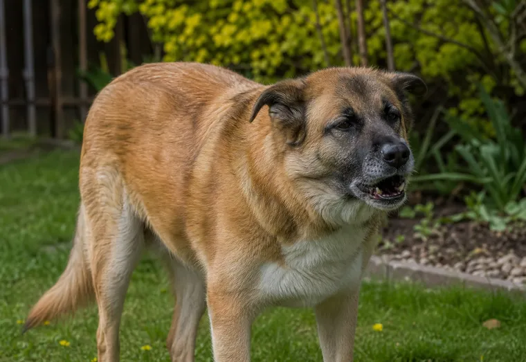 Chien assis dans un jardin, gueule légèrement ouverte, en pleine quinte de toux