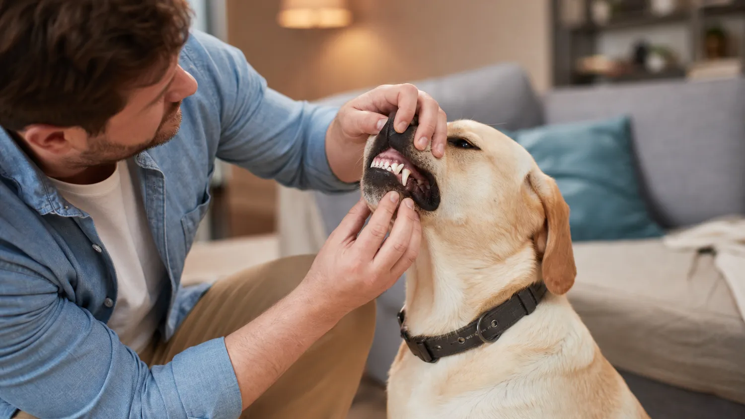 Gros plan sur un chien qui ouvre légèrement la gueule pendant que son maître examine ses dents à la lumière du jour