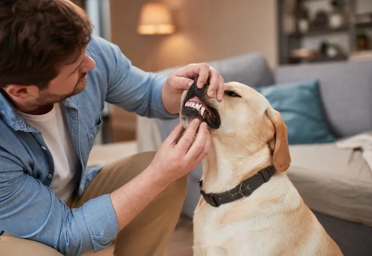 Gros plan sur un chien qui ouvre légèrement la gueule pendant que son maître examine ses dents à la lumière du jour