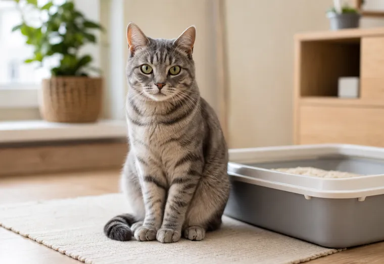 Chat gris assis près de sa litière, l'air tendu, dans un intérieur lumineux