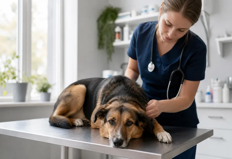 Chien couché sur le sol d'une salle d'examen vétérinaire, l'air fatigué, pendant une consultation