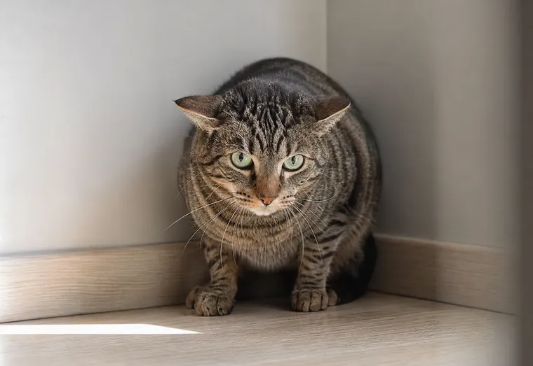 Chat tigré aux oreilles couchées, posture tendue, observant depuis un coin d'une pièce