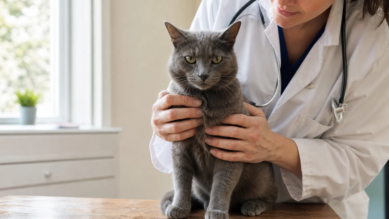 Chat aux poils gris assis sur une table de consultation vétérinaire, gueule légèrement ouverte, examiné avec attention