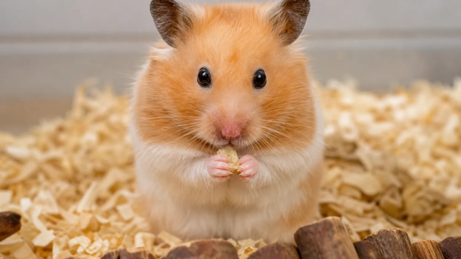 Hamster doré aux poils dorés et blancs, assis sur de la litière naturelle, tenant un morceau de nourriture entre ses pattes