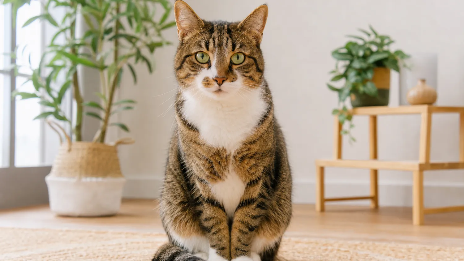 Chat au pelage roux assis, avec une zone de poils clairsemés visible sur le flanc, éclairage naturel