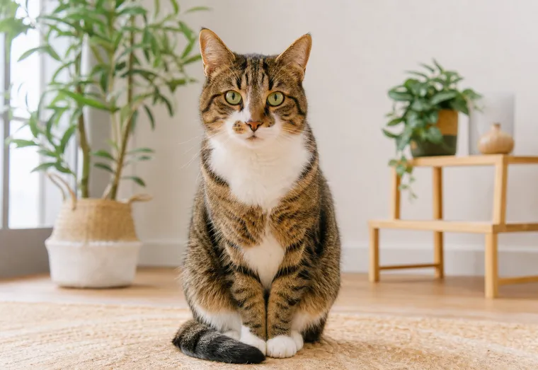 Chat au pelage roux assis, avec une zone de poils clairsemés visible sur le flanc, éclairage naturel