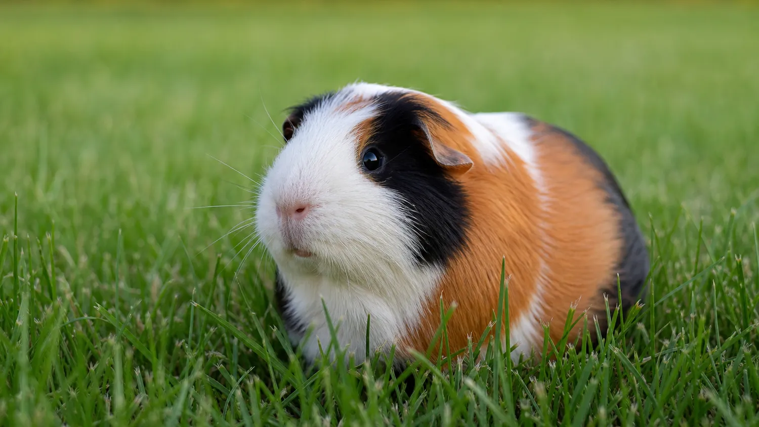 Cochon d'inde au pelage tricolore assis dans l'herbe, lumière naturelle douce