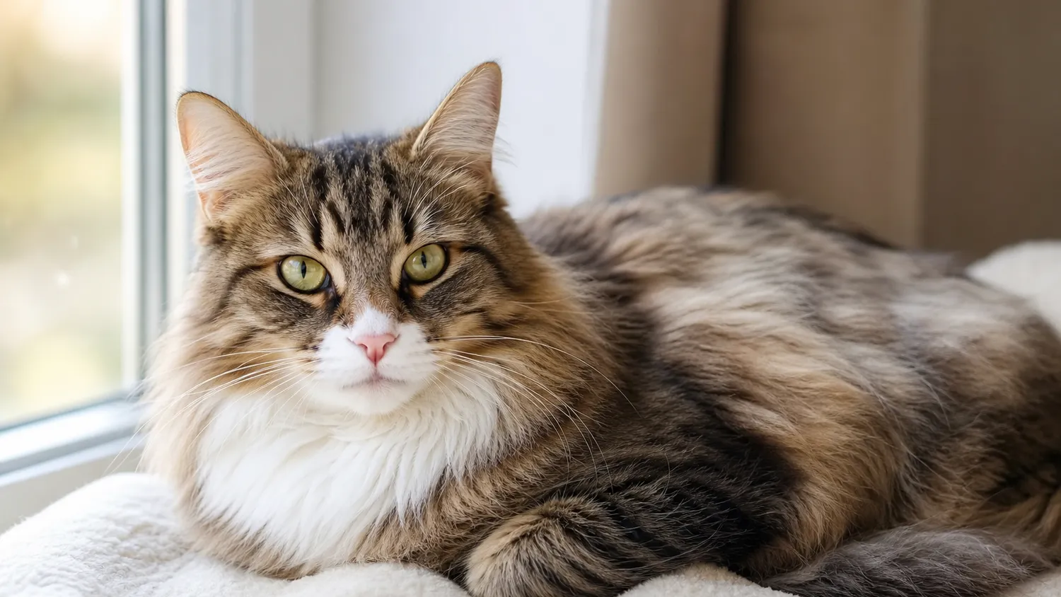 Chat adulte au pelage soyeux allongé près d'une fenêtre baignée de lumière naturelle