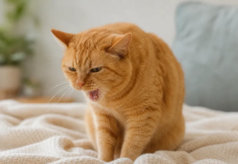 Chat au pelage roux assis sur un plaid, cou légèrement tendu vers l'avant dans un mouvement de toux
