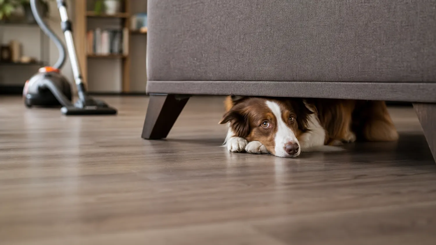 Chien couché derrière un canapé, oreilles couchées et regard inquiet, alors qu'un aspirateur est visible dans la pièce