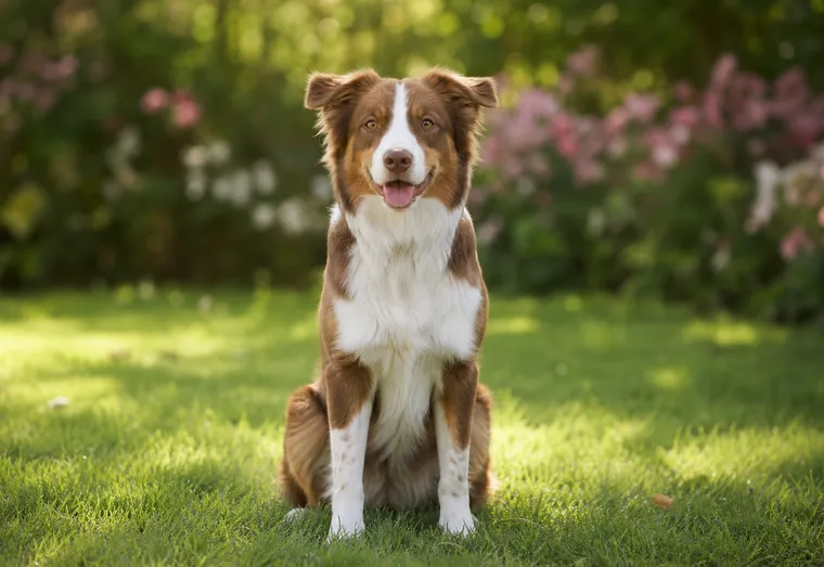Chien adulte au pelage brillant assis dans un jardin ensoleillé, l'air alerte et en bonne santé
