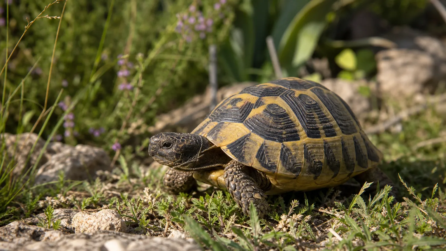 Tortue terrestre au bord d'un point d'eau dans un jardin ensoleillé, carapace détaillée