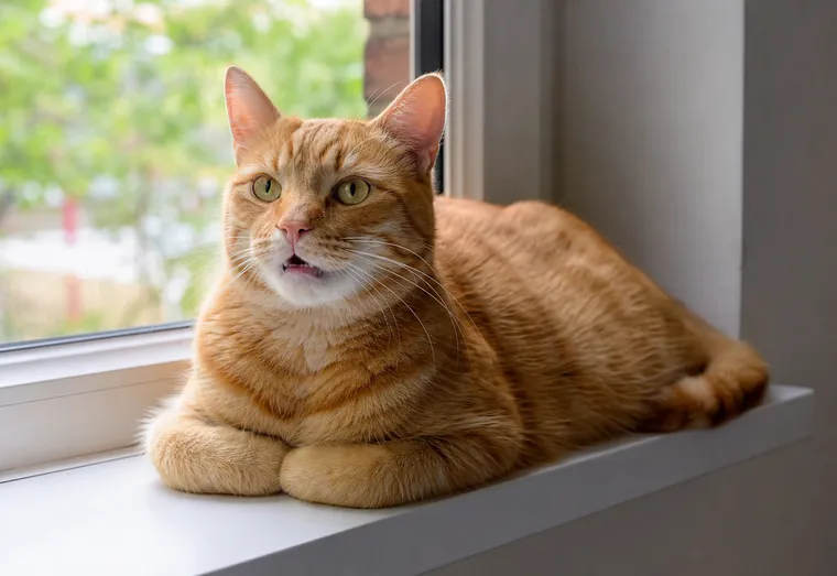 Chat au pelage roux allongé sur un rebord de fenêtre, bouche légèrement entrouverte, lumière naturelle