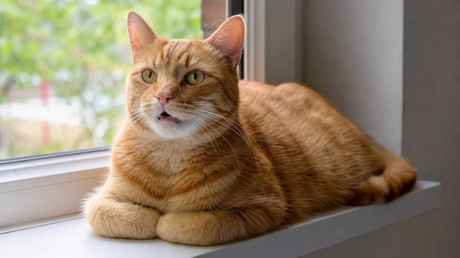 Chat au pelage roux allongé sur un rebord de fenêtre, bouche légèrement entrouverte, lumière naturelle
