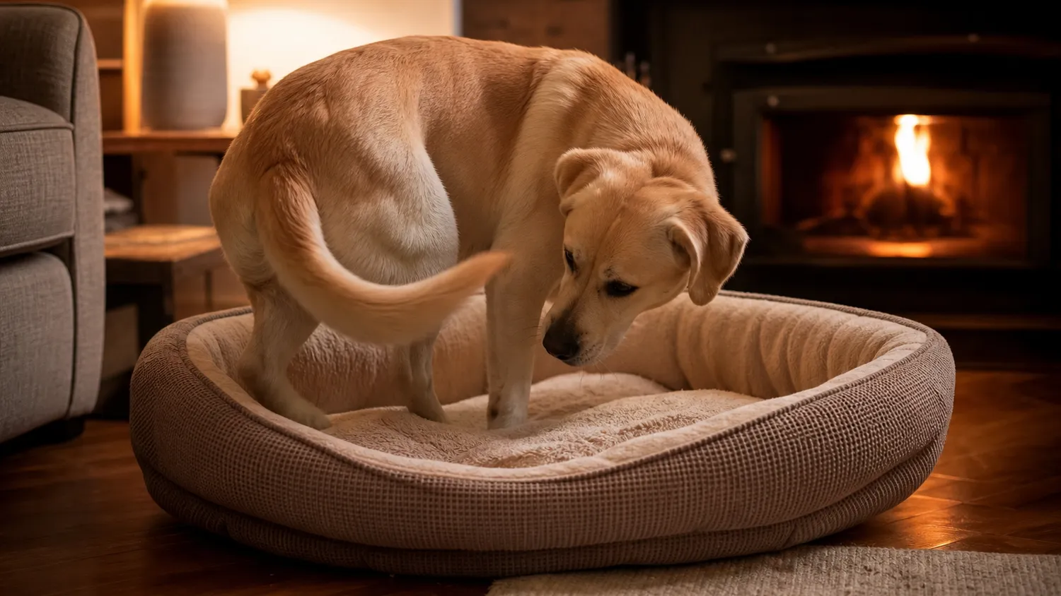 Chien beige qui tourne en rond sur son panier moelleux avant de s'installer pour dormir, intérieur chaleureux