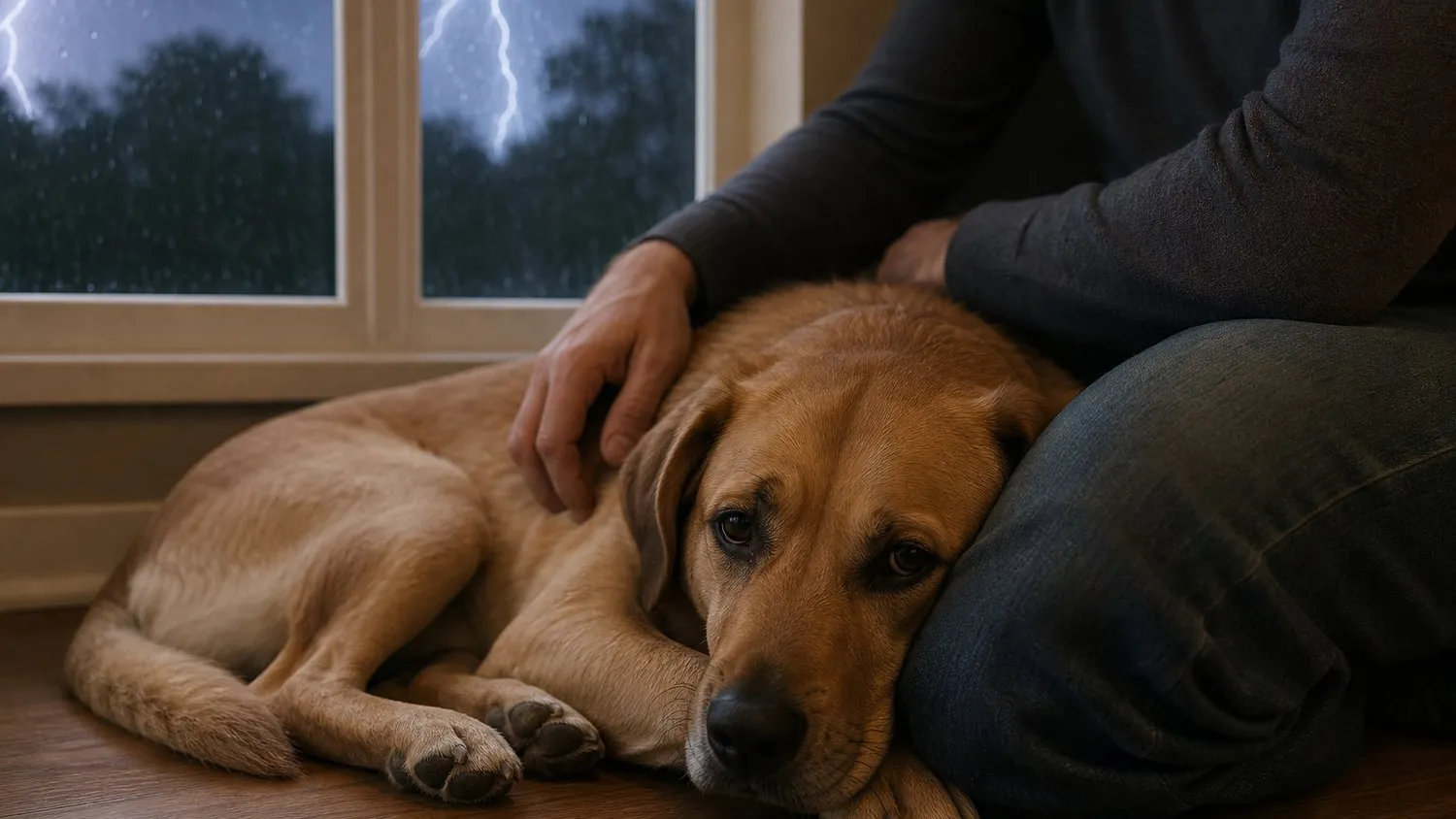 Chien couché au sol, oreilles baissées, blotti contre son maître pendant un orage