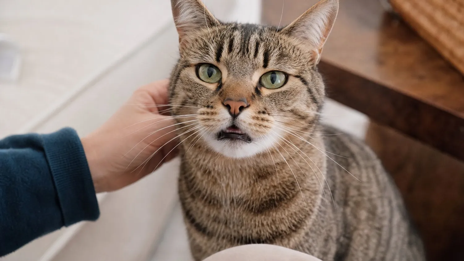 Chat gris assis, gueule légèrement ouverte, examiné de près par son maître à la lumière du jour