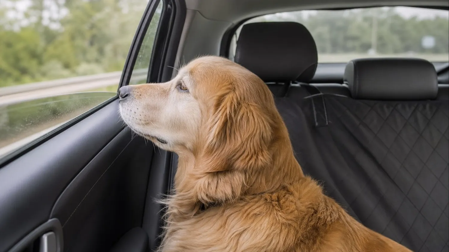 Chien assis sur la banquette arrière d'une voiture, regard vers la fenêtre, en balade