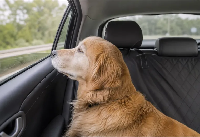 Chien assis sur la banquette arrière d'une voiture, regard vers la fenêtre, en balade