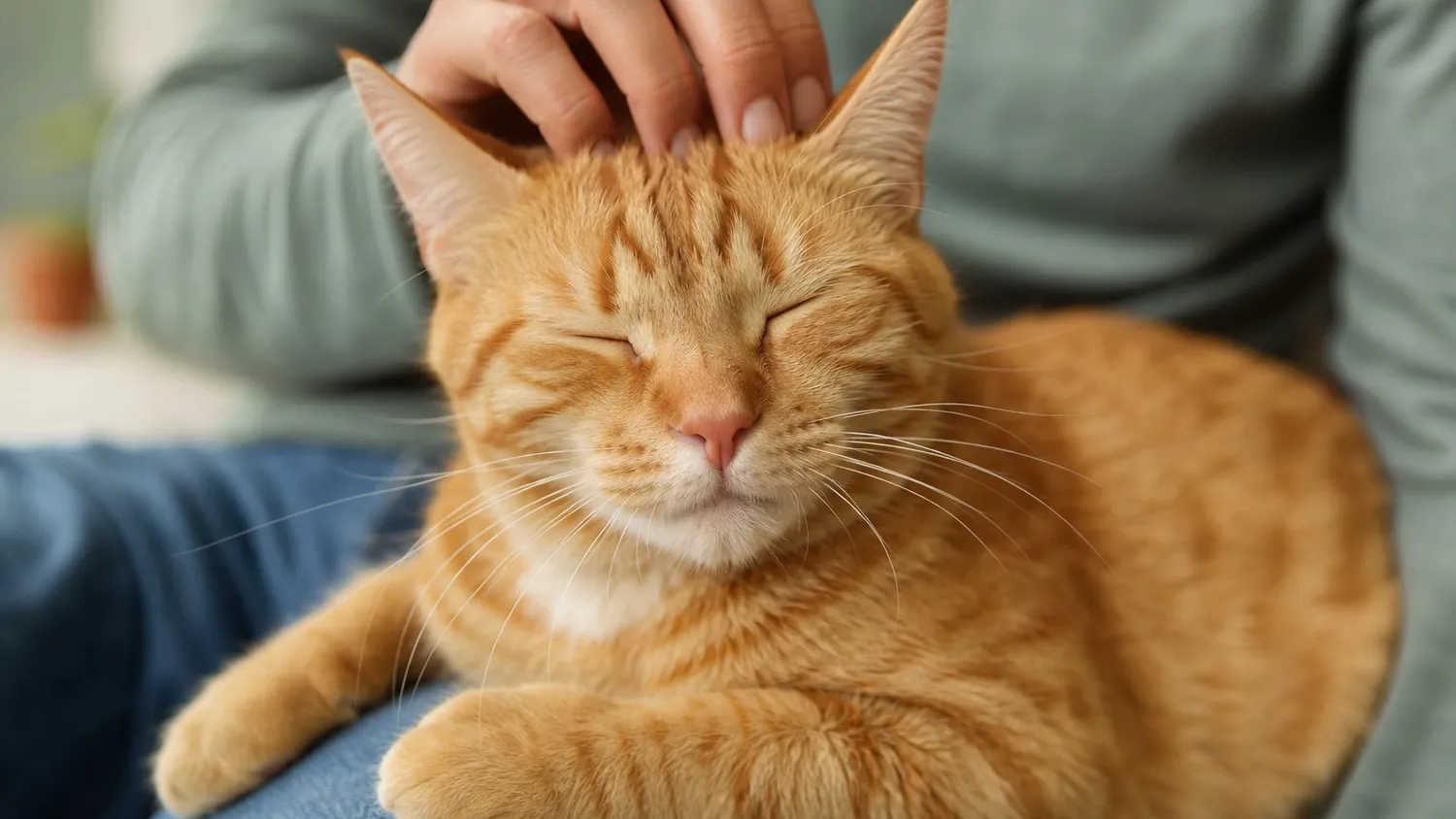 Chat aux oreilles légèrement couchées observant la main de son maître qui s'approche pour le caresser