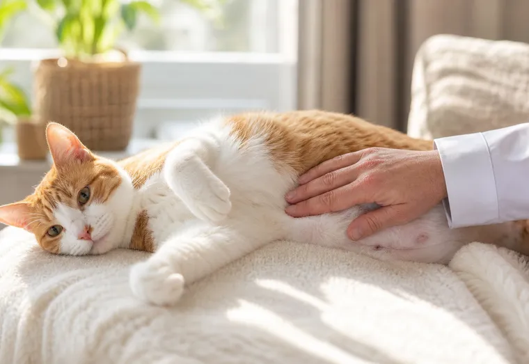 Chat allongé sur le flanc, ventre visiblement gonflé, examiné avec attention par son maître
