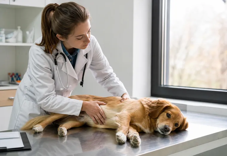 Vétérinaire en blouse blanche examinant délicatement le flanc d'un chien sur une table de consultation