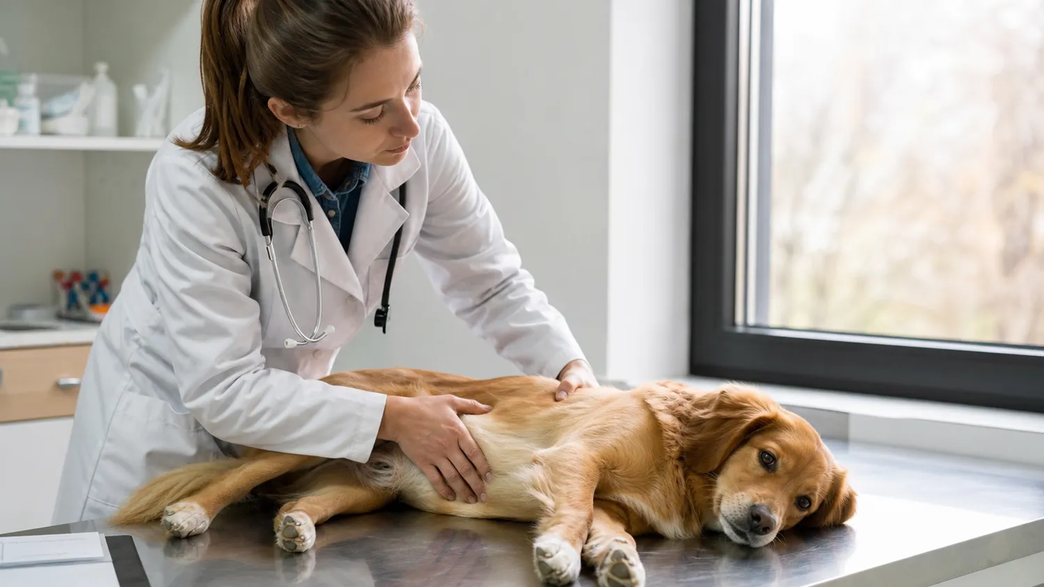 Vétérinaire en blouse blanche examinant délicatement le flanc d'un chien sur une table de consultation