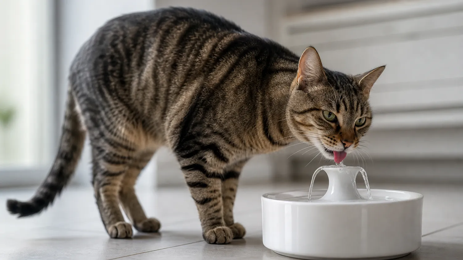 Chat tigré buvant de l'eau à une fontaine à eau posée sur le carrelage d'une cuisine