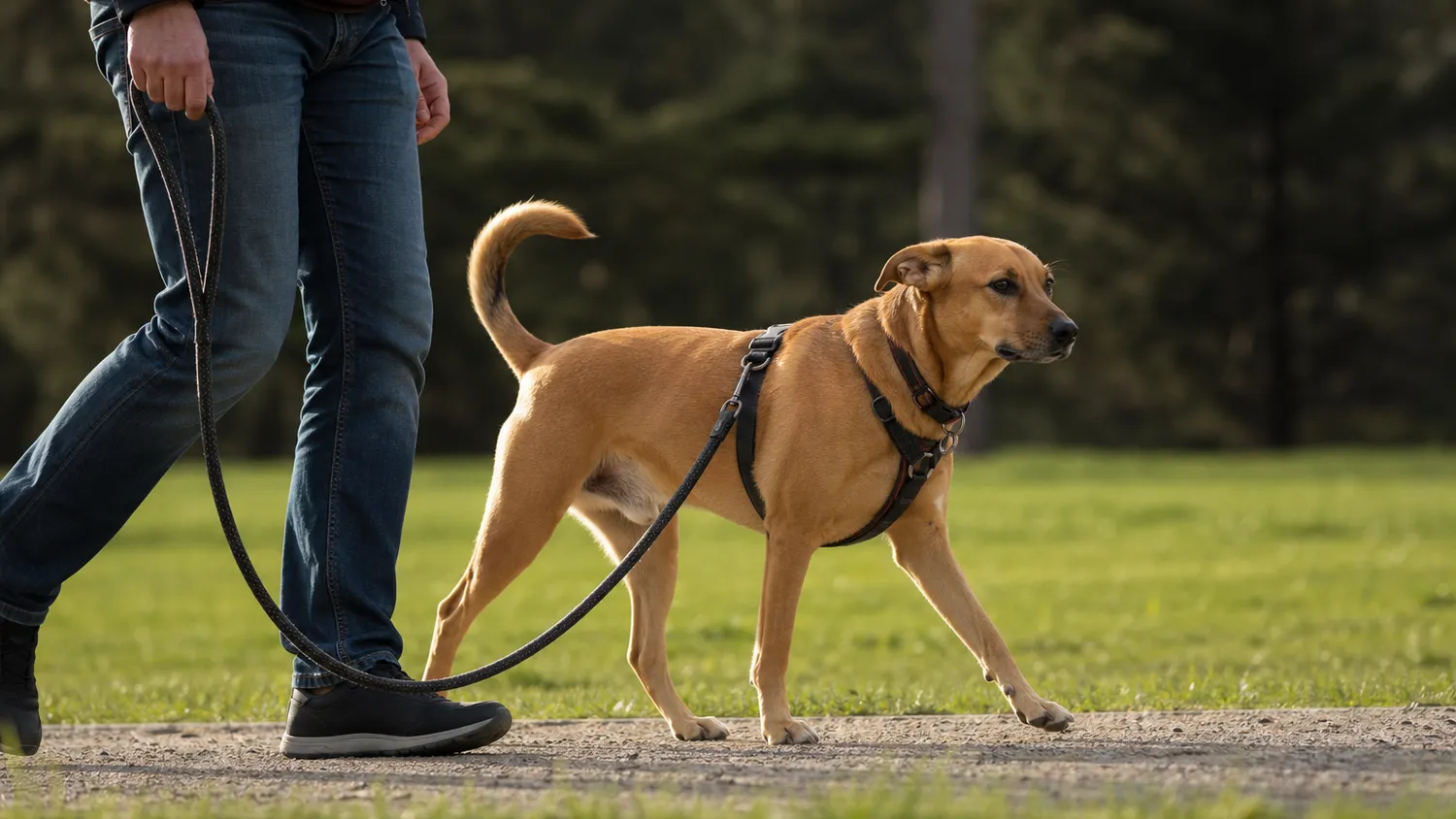 Chien marchant tranquillement en laisse détendue à côté de son maître sur un chemin bordé d'herbe