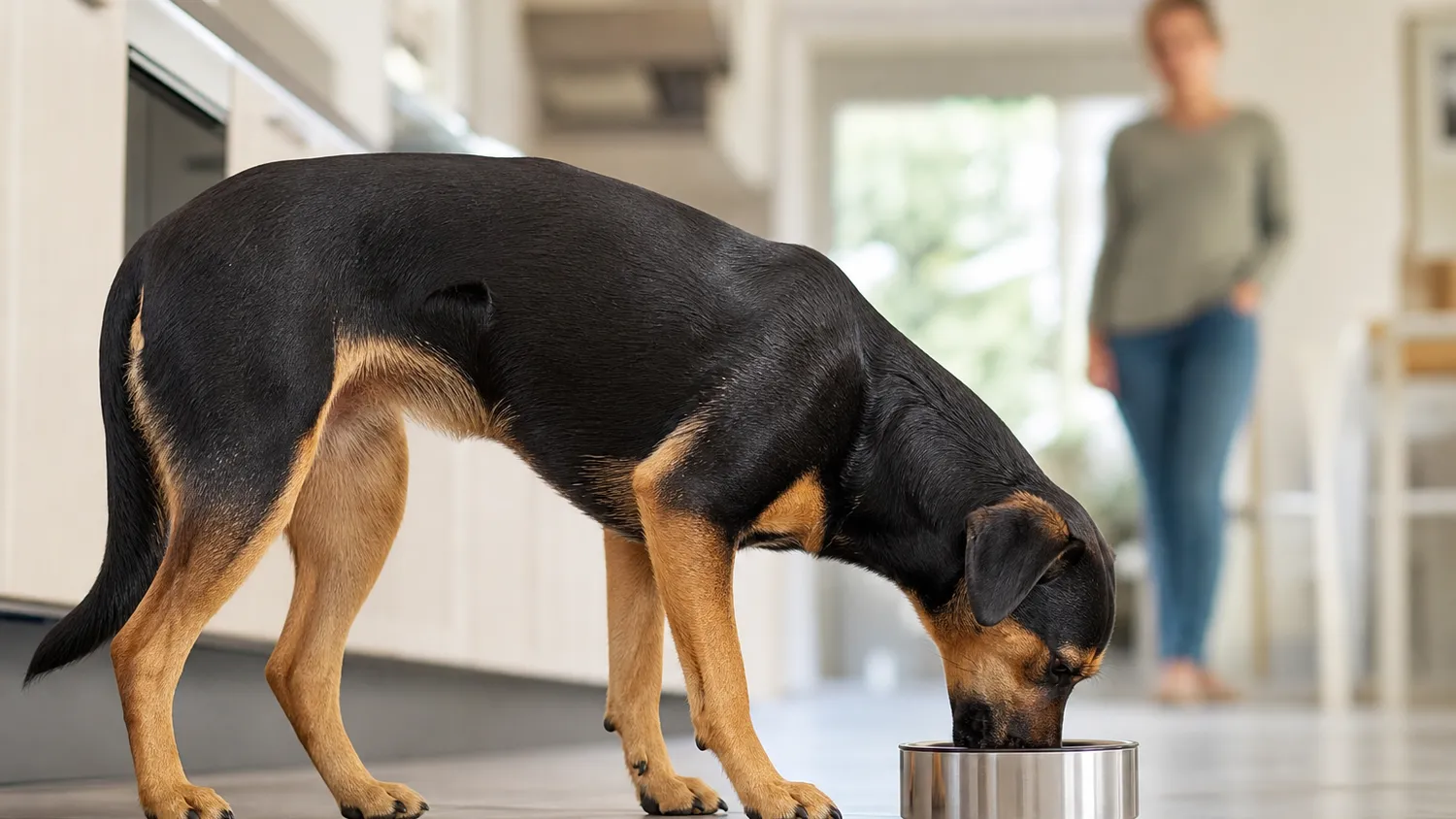 Chien mangeant dans sa gamelle posée au sol, observé à distance par son maître