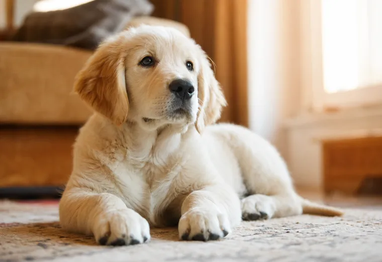 Chiot allongé sur un tapis, secoué par un hoquet, tête légèrement relevée