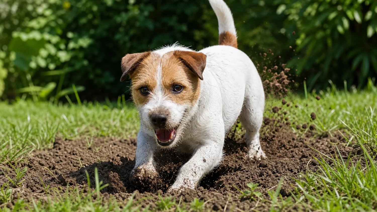 Chien de type terrier en train de creuser un trou dans la terre d'un jardin