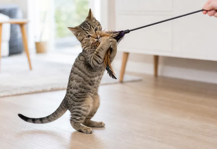 Chaton tigré jouant en mordillant doucement une canne à plumes tenue par une main