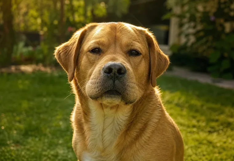 Chien de taille moyenne au museau légèrement gonflé, reniflant l'herbe dans un jardin en été