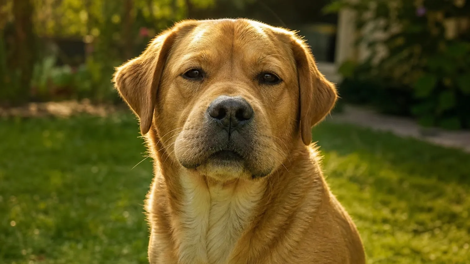 Chien de taille moyenne au museau légèrement gonflé, reniflant l'herbe dans un jardin en été