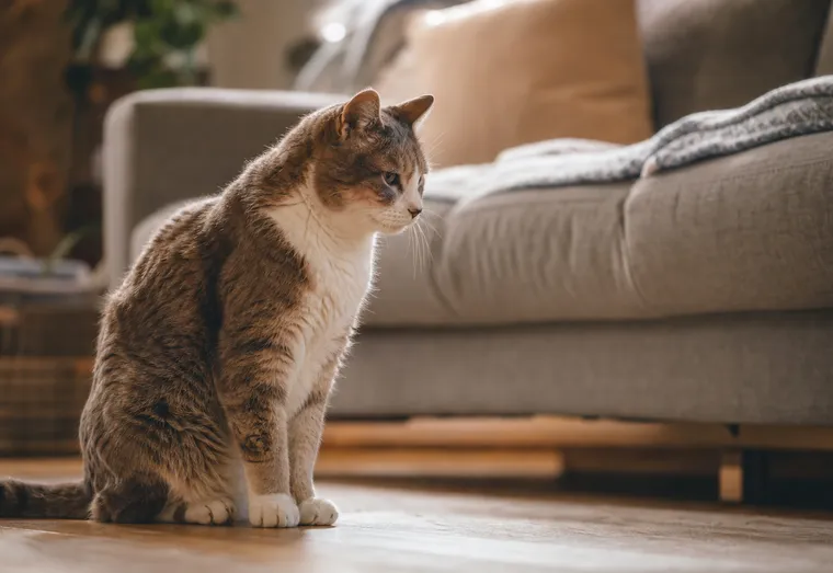 Chat âgé assis au sol devant un canapé, regardant vers l'assise sans sauter