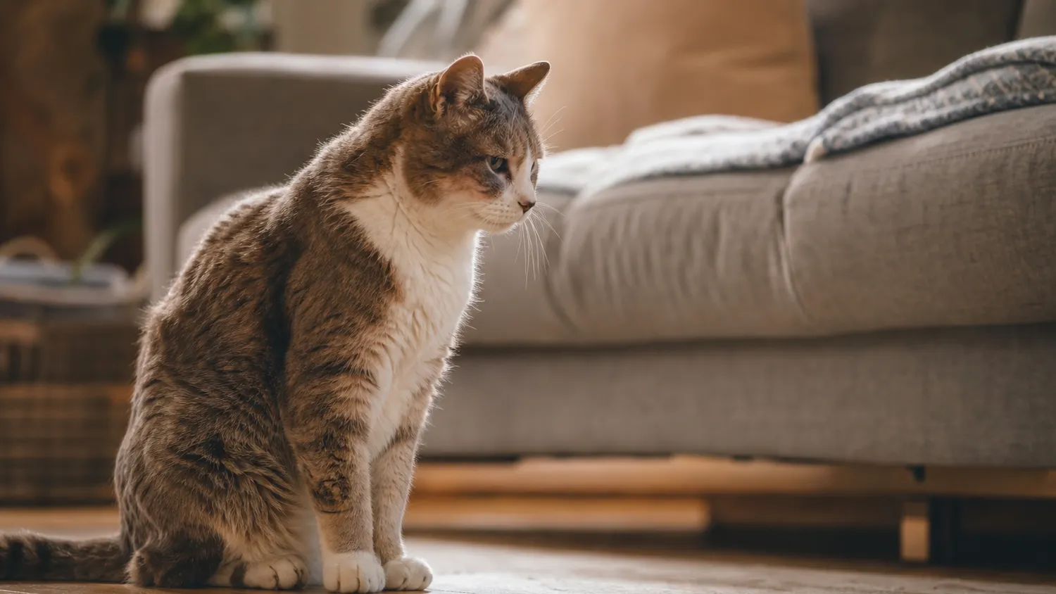Chat âgé assis au sol devant un canapé, regardant vers l'assise sans sauter