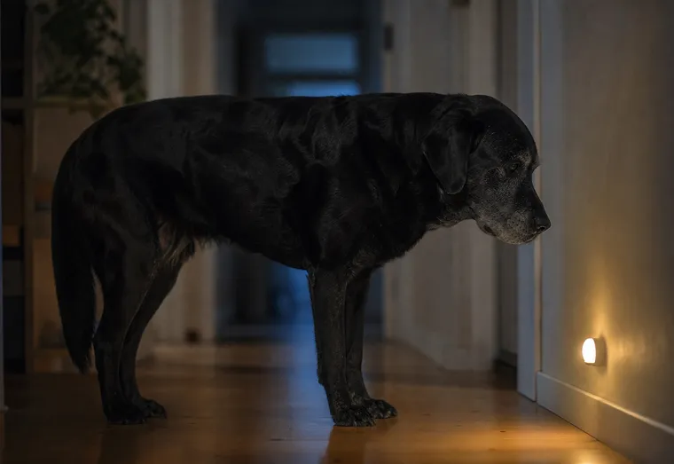 Chien âgé au museau grisonnant debout dans un couloir sombre, l'air désorienté