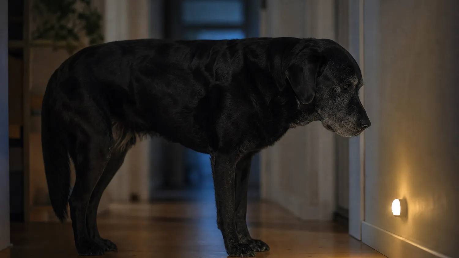 Chien âgé au museau grisonnant debout dans un couloir sombre, l'air désorienté