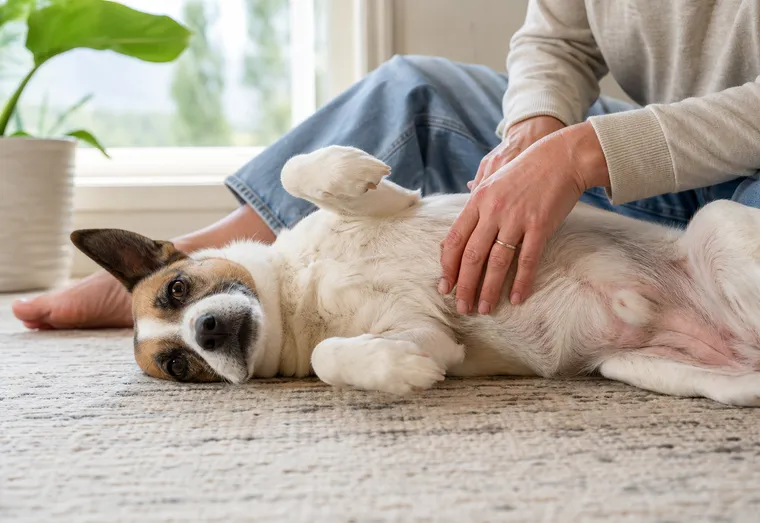 Chien couché sur le dos, ventre exposé, avec le vétérinaire qui examine délicatement sa peau