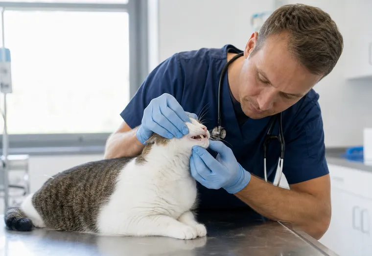 Vétérinaire examinant délicatement la bouche et les gencives d'un chat sur une table de consultation